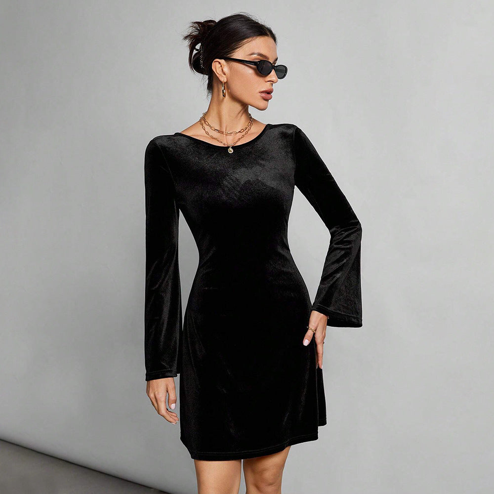 Women Clothing Simple Intellectual Dress Autumn Winter Backless Sexy Lace Up All Match Black Dress Bella Mia