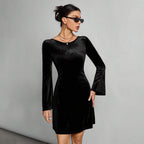 Women Clothing Simple Intellectual Dress Autumn Winter Backless Sexy Lace Up All Match Black Dress Bella Mia