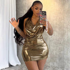Metallic Glossy Features Swing Collar Sleeveless Halter Dress Backless Sheath Sexy Dress Bella Mia