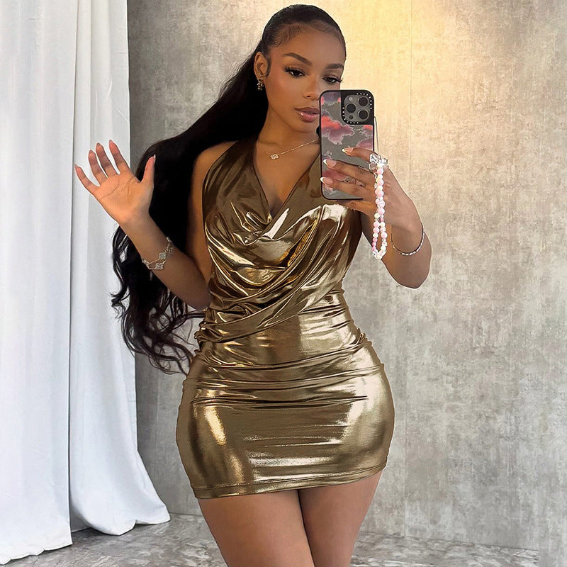 Metallic Glossy Features Swing Collar Sleeveless Halter Dress Backless Sheath Sexy Dress Bella Mia