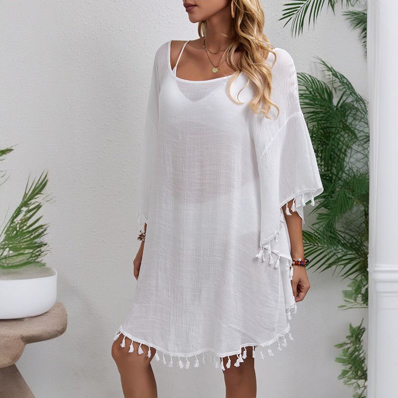 Hand Hook Floral Stitching Tassel Beach Cover up Hollow Out Cutout Butterfly Loose Beach Vacation Sun Protective Clothing Bella Mia