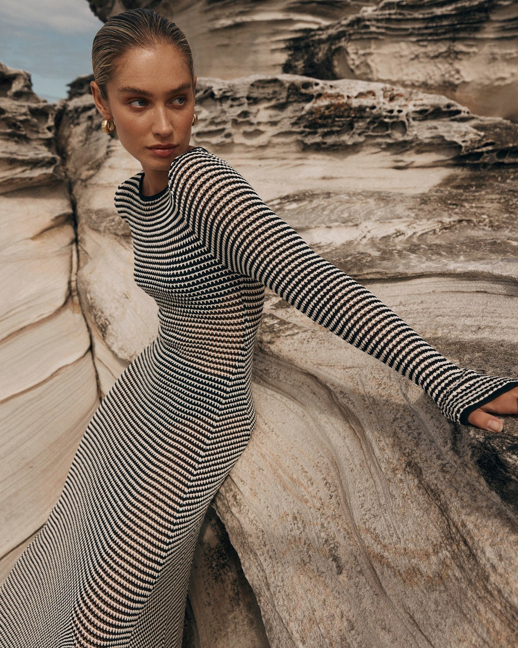 Mesh Striped Beach Vacation Sexy Dress Knitted Hollow Out Cutout Out Maxi Dress Blouse Summer Bella Mia