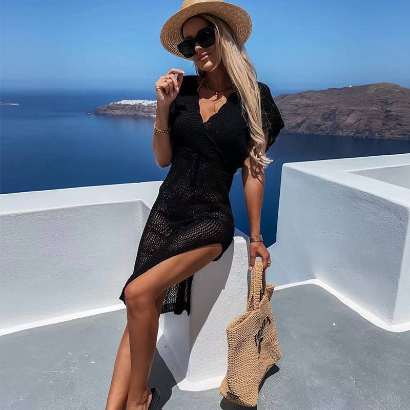 Summer Beach Dress Sexy Slit Short Sleeve Hollow Out Cutout out Strap Bikini Sun Shield Hanfu Long Robe Dress Crochet hook Crochet hook Crochet hook Bella Mia
