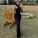 Women Clothing Solid Color Halter Dress Sexy Backless Ribbon Split Maxi Dress Bella Mia