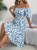Spring Summer Floral Square Collar Short Sleeve Waist Controlled Ruffled A line Women Clothing Bella Mia