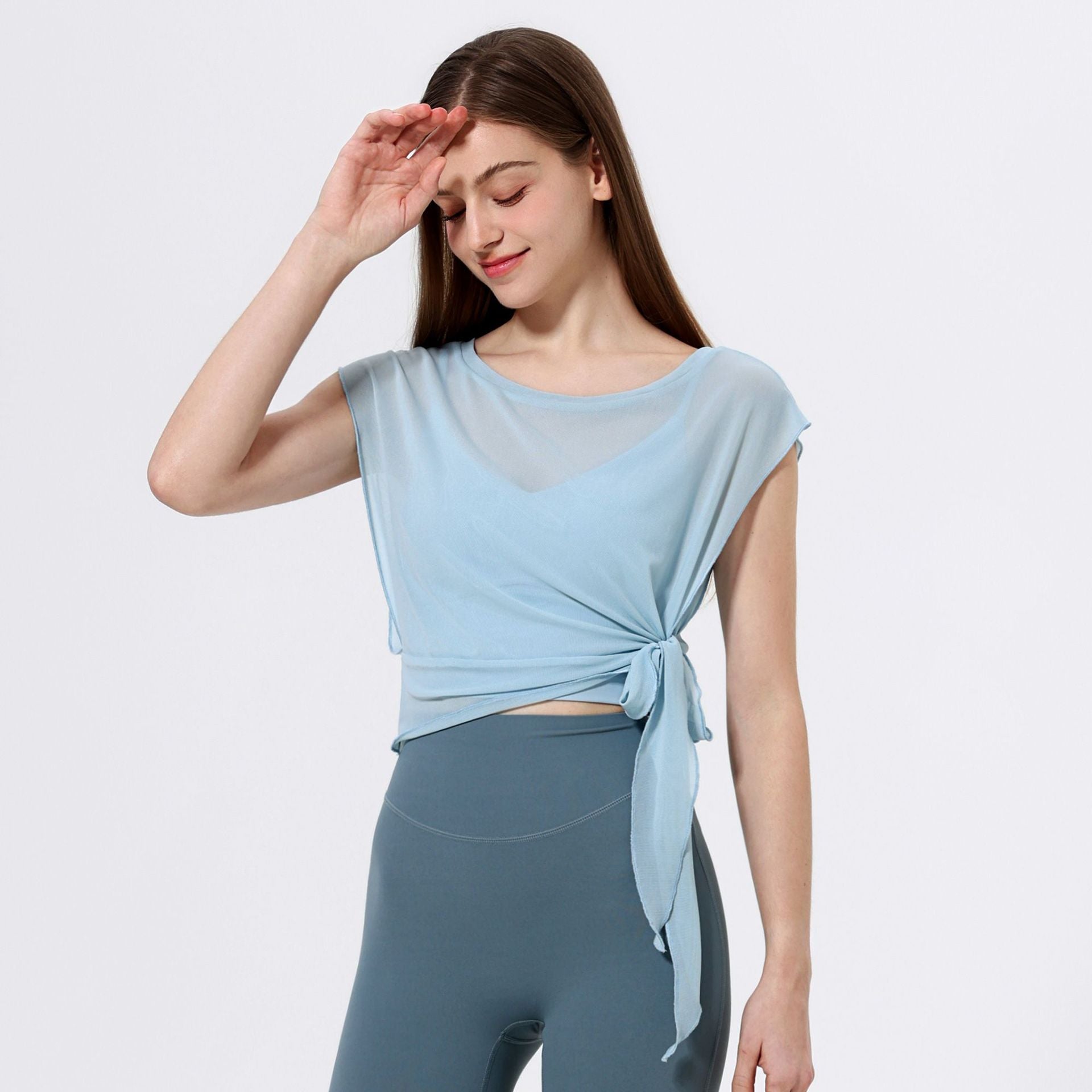 Two Piece Mesh Yoga Clothes Short Sleeve Running Quick Drying Sports Bra One Piece Cup Workout Dance Clothes Top