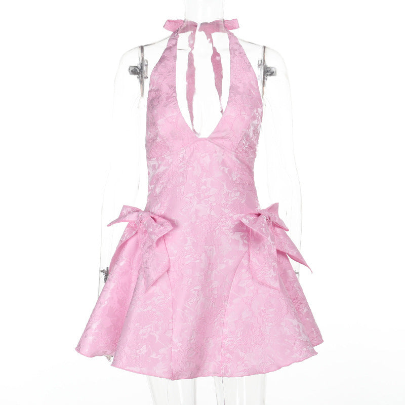 Sexy Sleeveless Halter Jacquard V neck Jacquard Bow Socialite Dress Bella Mia