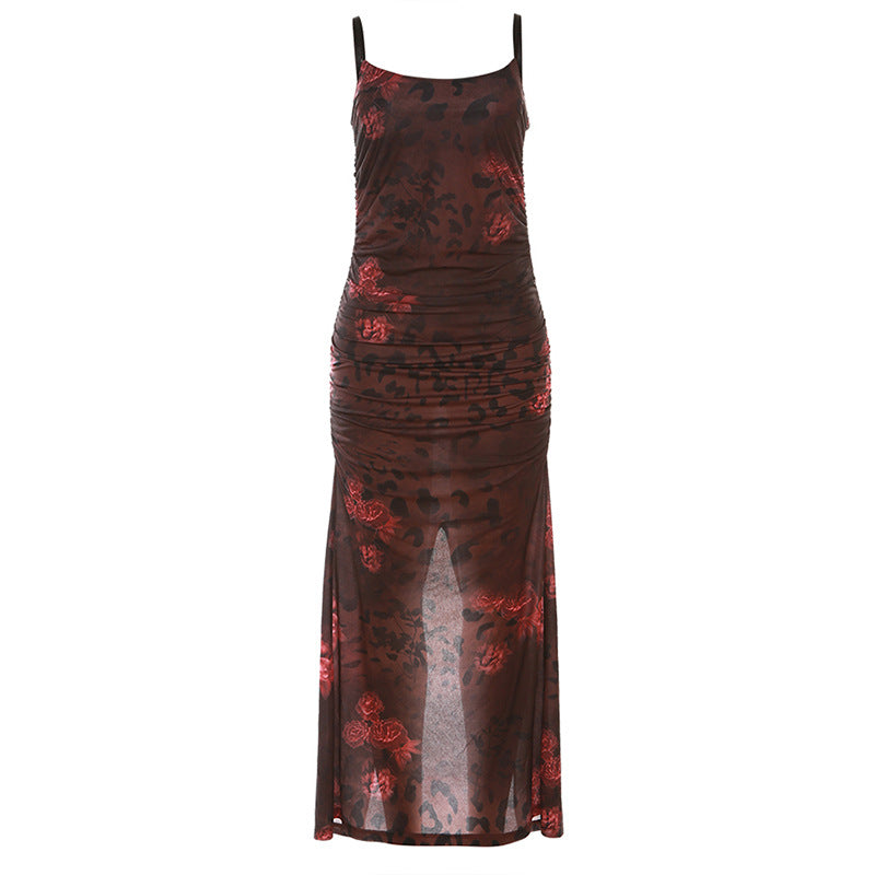 Summer Women Clothing Suspenders Slim Retro Floral Print Slit Sheath Elegant Dress Bella Mia