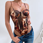 Sexy Street Satin Printed Sling Sexy Backless Breasted Steel Ring Jumpsuit Bella Mia