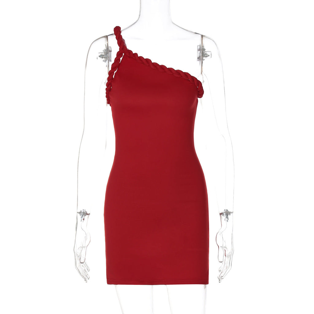 Women Clothing Summer Sexy Backless Pleated One Shoulder Twist Hip Bag Dress Women Bella Mia