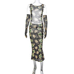 Women Clothing Autumn Elegant Sexy Socialite Mesh Hollow Out Cutout Printed Opera Glove Dress for Women Bella Mia