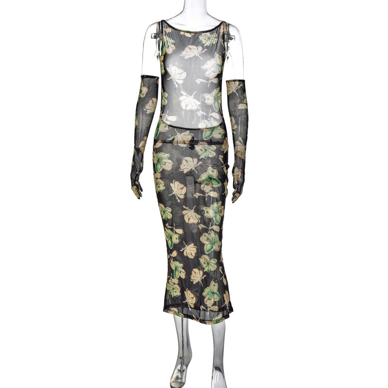 Women Clothing Autumn Elegant Sexy Socialite Mesh Hollow Out Cutout Printed Opera Glove Dress for Women Bella Mia
