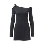 Fall Women Clothing Sexy Diagonal Collar Cold Shoulder Elegant Stitching Tied Long Sleeve Dress Bella Mia
