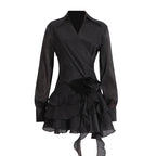 Sexy Lightly Mature Shirt Dress Summer V neck Stitching Floral Ruffled Ribbon Dress Bella Mia