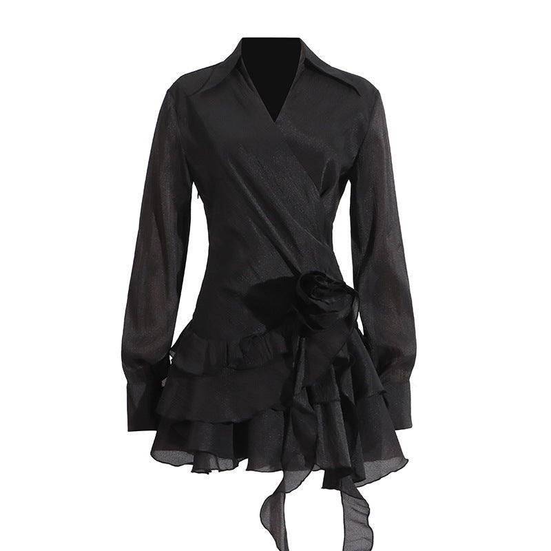 Sexy Lightly Mature Shirt Dress Summer V neck Stitching Floral Ruffled Ribbon Dress Bella Mia