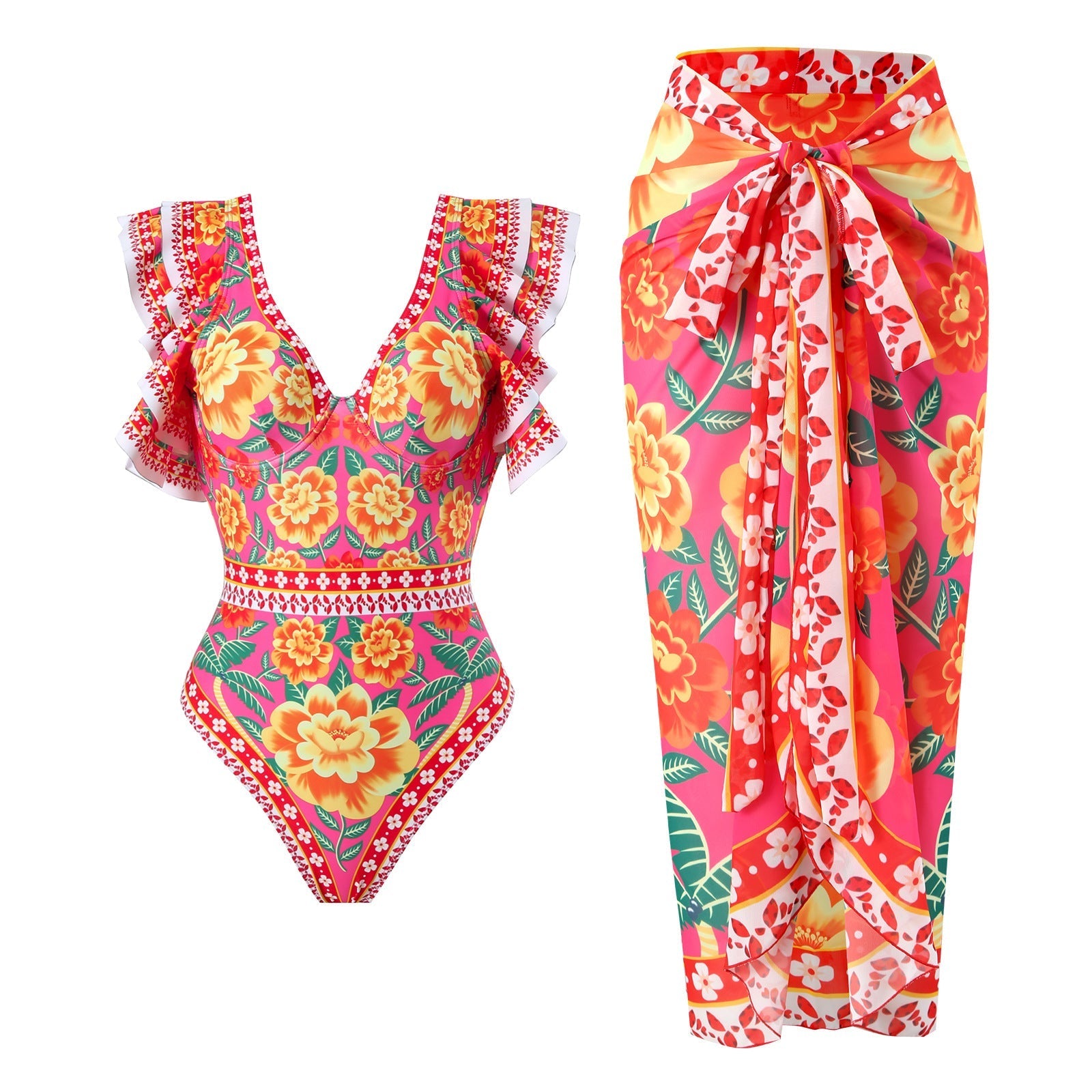 Spring Sexy Swimsuit Women Conservative Warm Printed Swimsuit Wrap Skirt Set Bella Mia