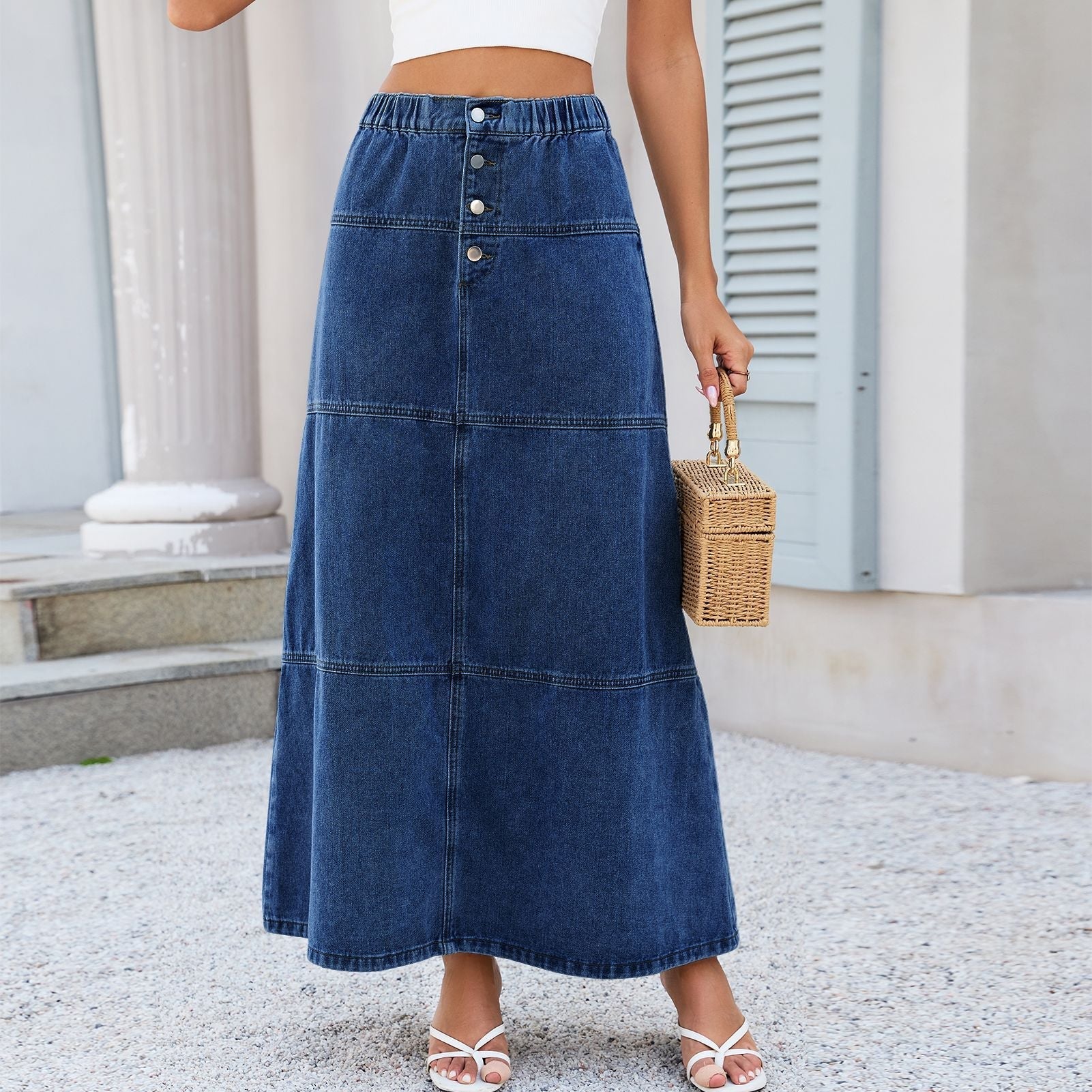 Elastic Waist Front Breasted Stitching Design All Matching Jeans Skirt Women Bella Mia