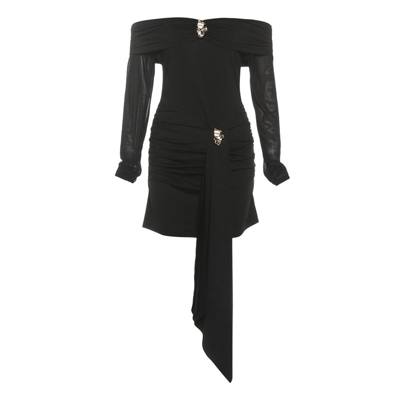 Fall Women Clothing Sexy Sexy Sheath Semi See through off Shoulder Backless Metal Decorative Dress Women Bella Mia