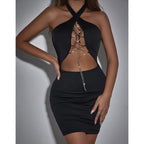 Women Clothing Halter Hip Sexy Rhinestone Chain Strap Nightclub Dress Women Bella Mia