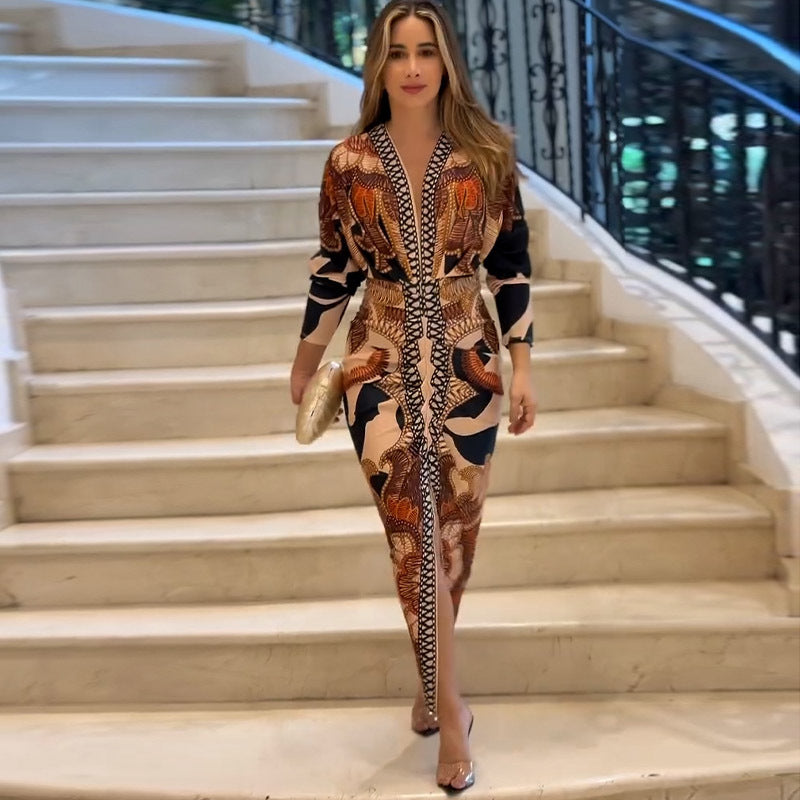 Spring Women Wear Short Sleeve V neck Slim Print Dress Bella Mia