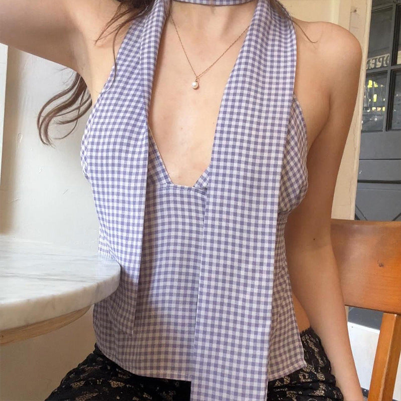 Women Clothing Summer Sexy Plaid Ribbon Slim All Matching Tank Top for Women Bella Mia