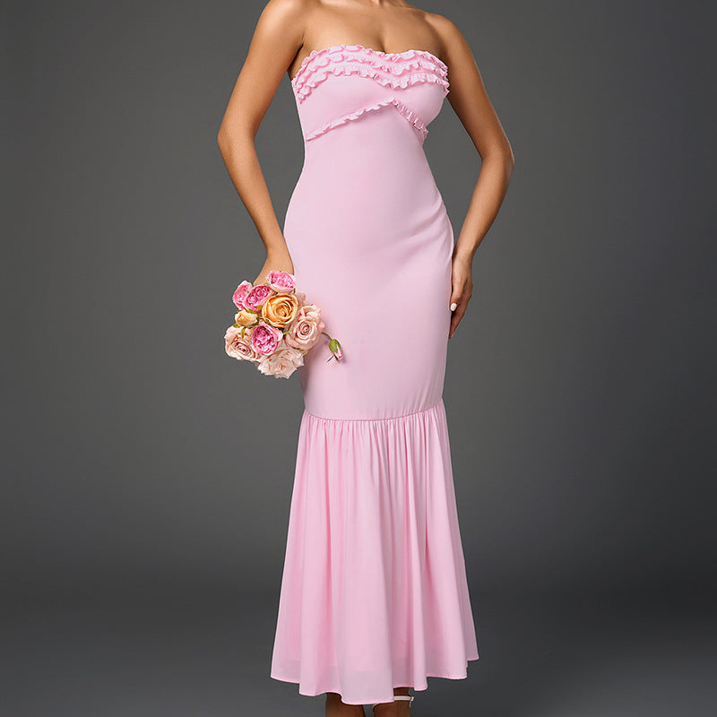 Chiffon Tube Top Dress Sexy Backless Wooden Ear Smocking Stitching Hip Dress Bella Mia