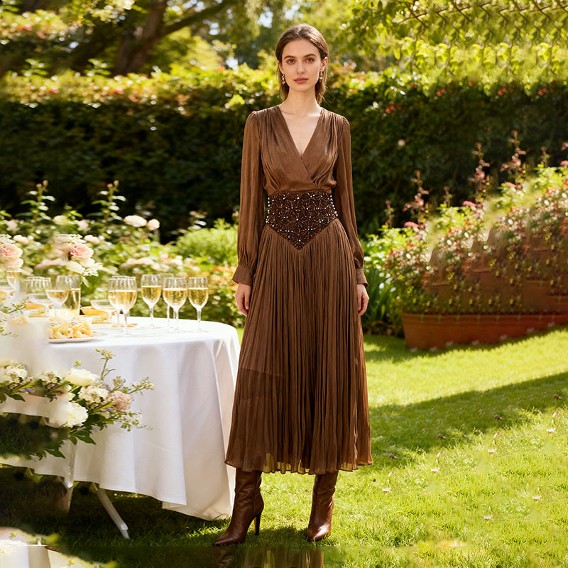 Elegant Long Sleeve Solid Color Diamond Dress Autumn High Grade Waist Slimming Dress Women Bella Mia