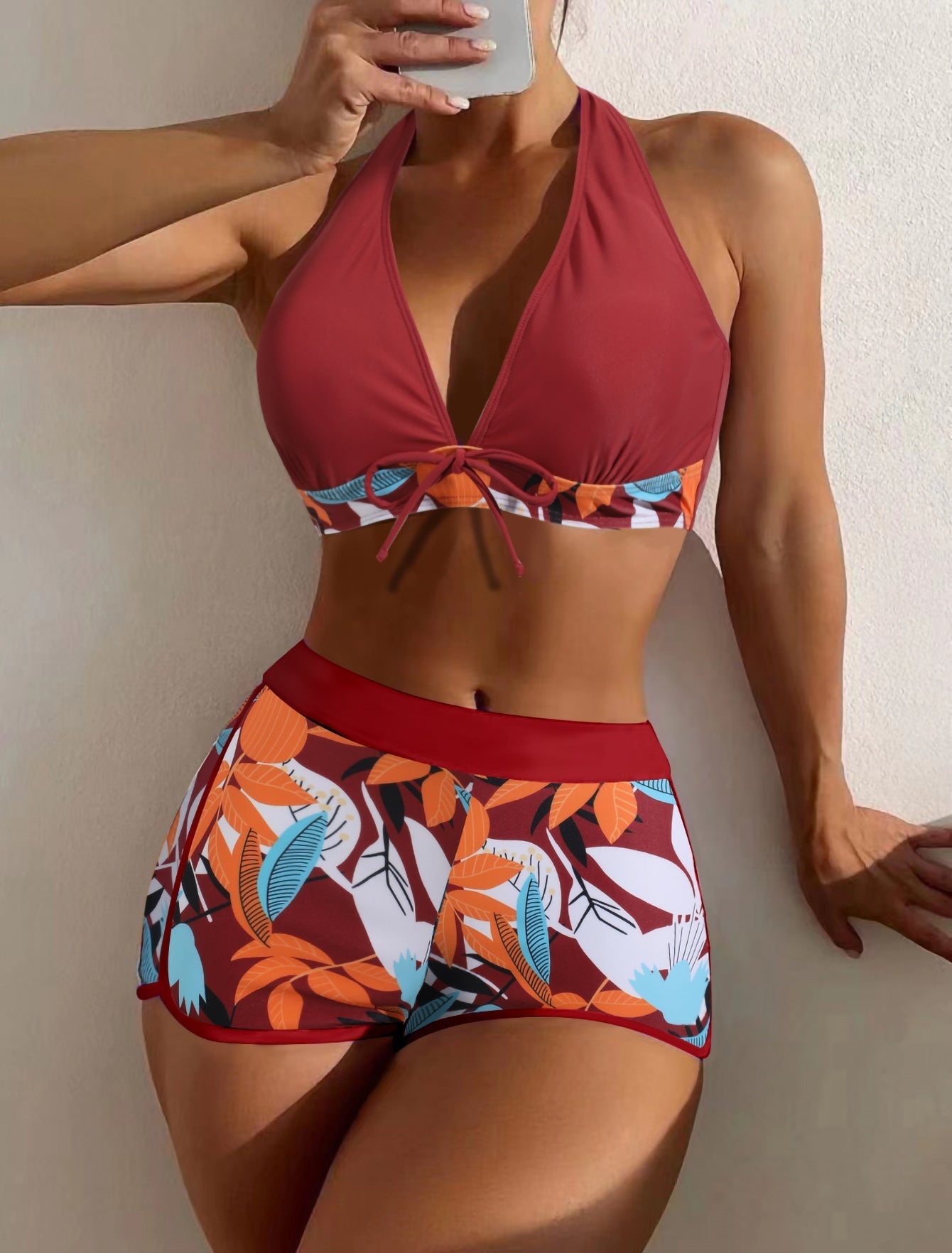 Swimsuit Women Split High Waist Boxer Lace Printing Solid Color Stitching Swimsuit Bella Mia