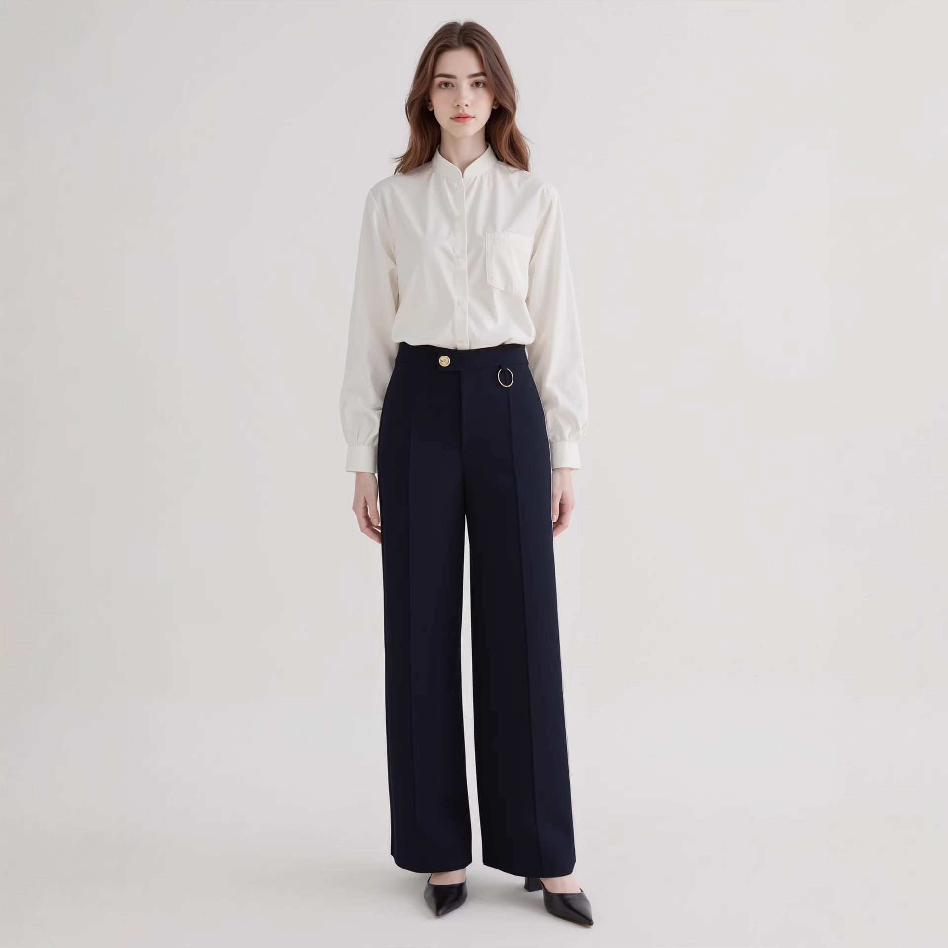 Women Trousers Elegant Office All Matching Irregular Waistline Design Micro Elastic Straight Work Pant