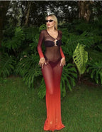 Spring Summer Color Contrast Gradient Transparent Hollow Out Cutout Split Vacation Beach Dress Bella Mia