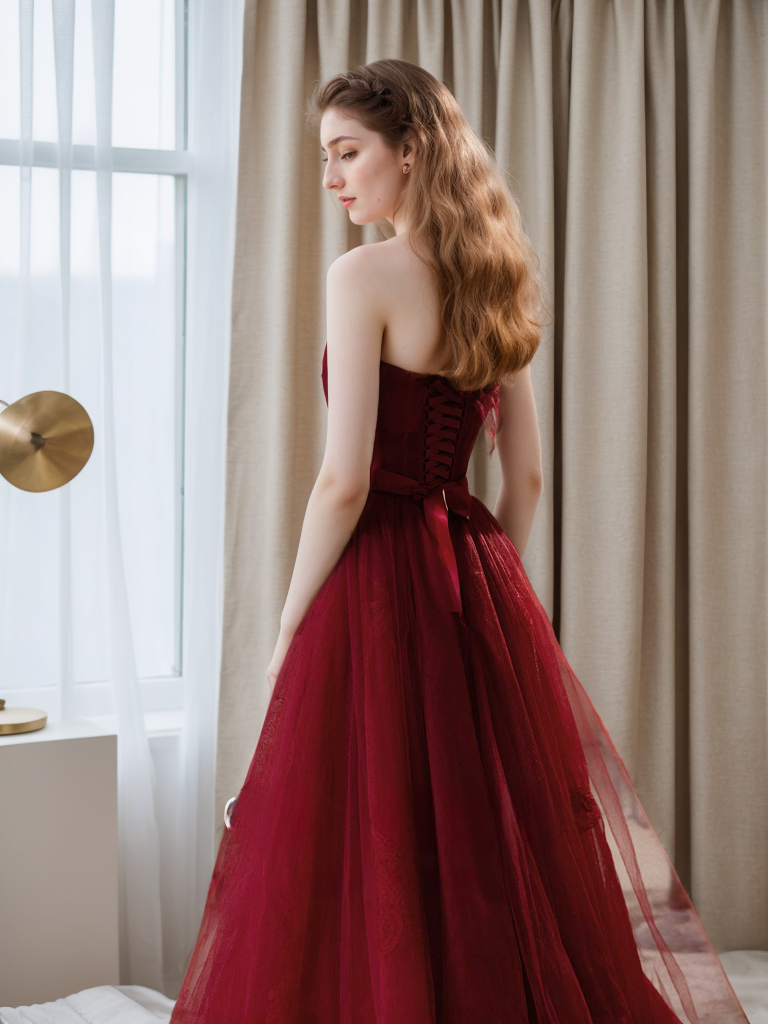 Elegant Strapless Burgundy Tulle Ball Gown with Corset Back and Ribbon Tie SelenaHuanStudio