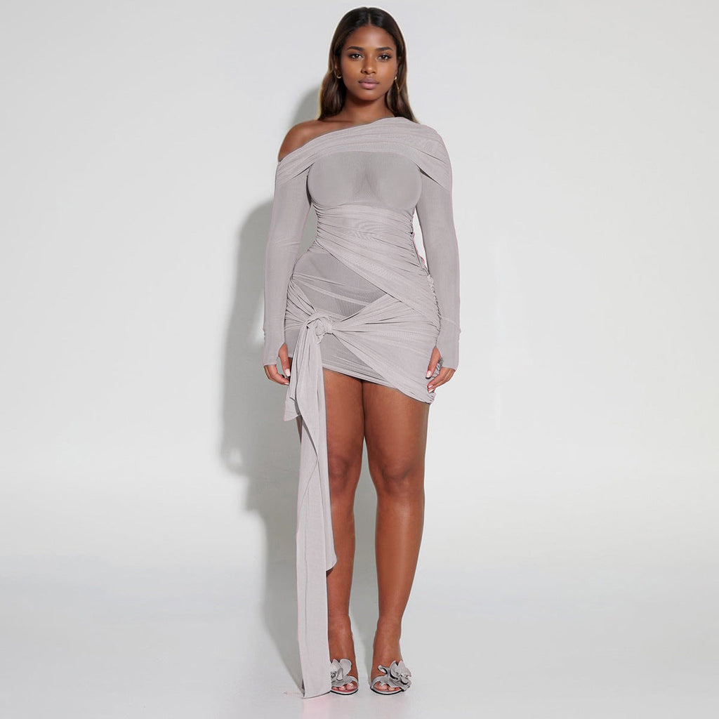 Spring Summer Women Wear Off Neck Design Sexy Pleated Dress Dopamine Sexy Bella Mia