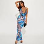 Women Clothing Dignified Floral Leopard Print Swing Collar Backless Rope Skinny Maxi Dress Bella Mia