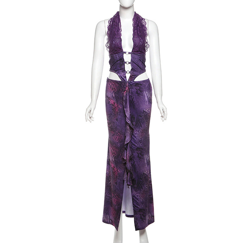 Spring Women Clothing Sexy V neck Halter Lace Stitching Faux Two Pieces Dress Bella Mia