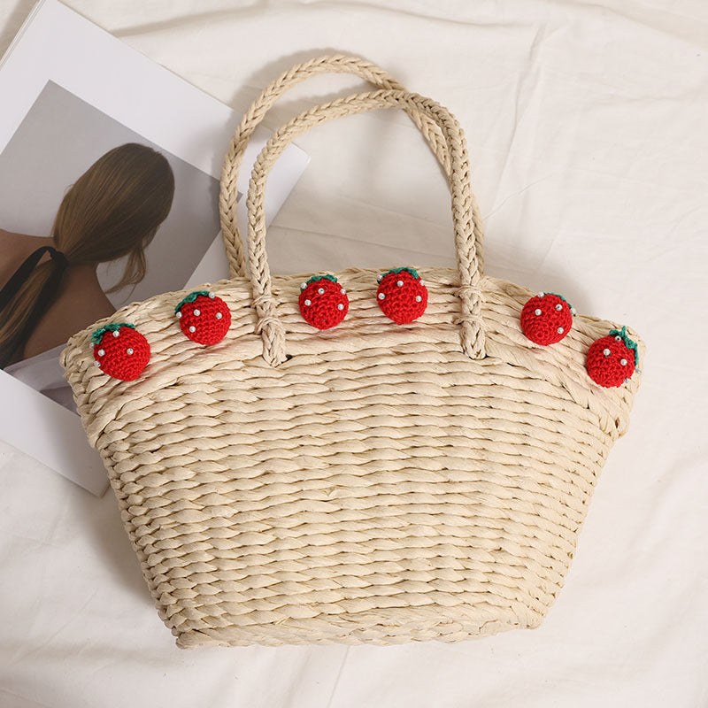Cute Strawberry Portable Vegetable Basket Bag Hand Carrying Large Capacity Straw Bag Vacation Beach Bag Hand Woven Bag Bella Mia