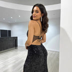 Sequined Split Sexy Sling Dress Waist Controlled Cocktail Dress Slim Fit Maxi Dress Bella Mia
