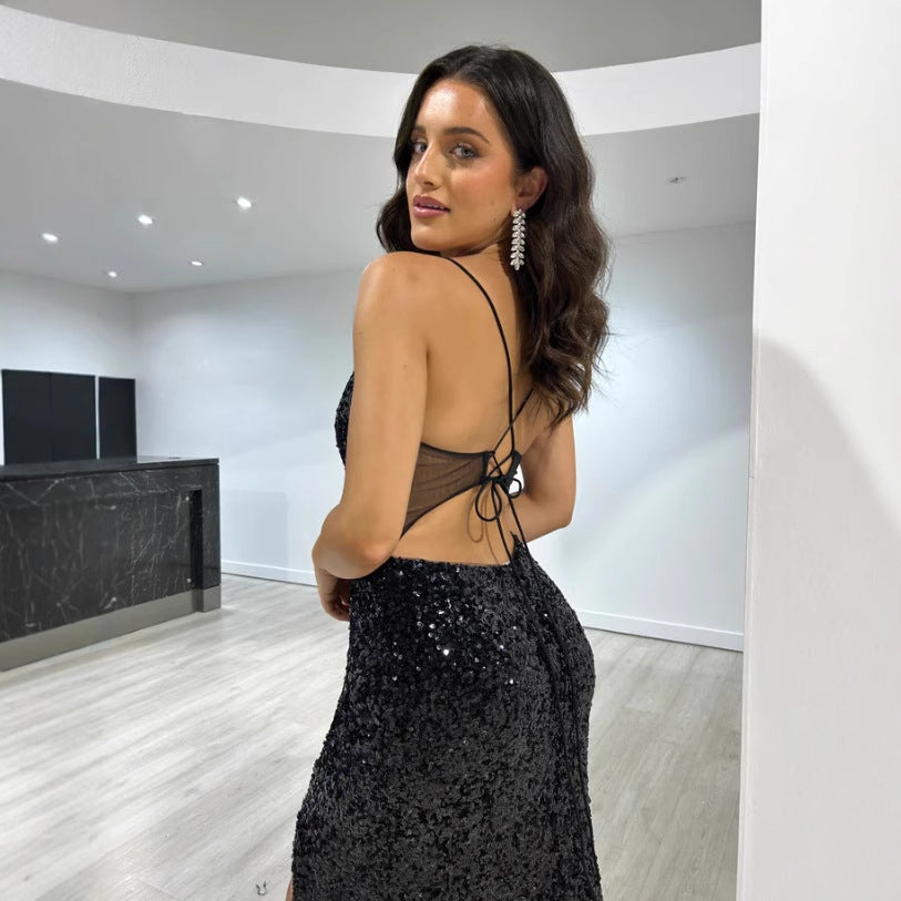 Sequined Split Sexy Sling Dress Waist Controlled Cocktail Dress Slim Fit Maxi Dress Bella Mia