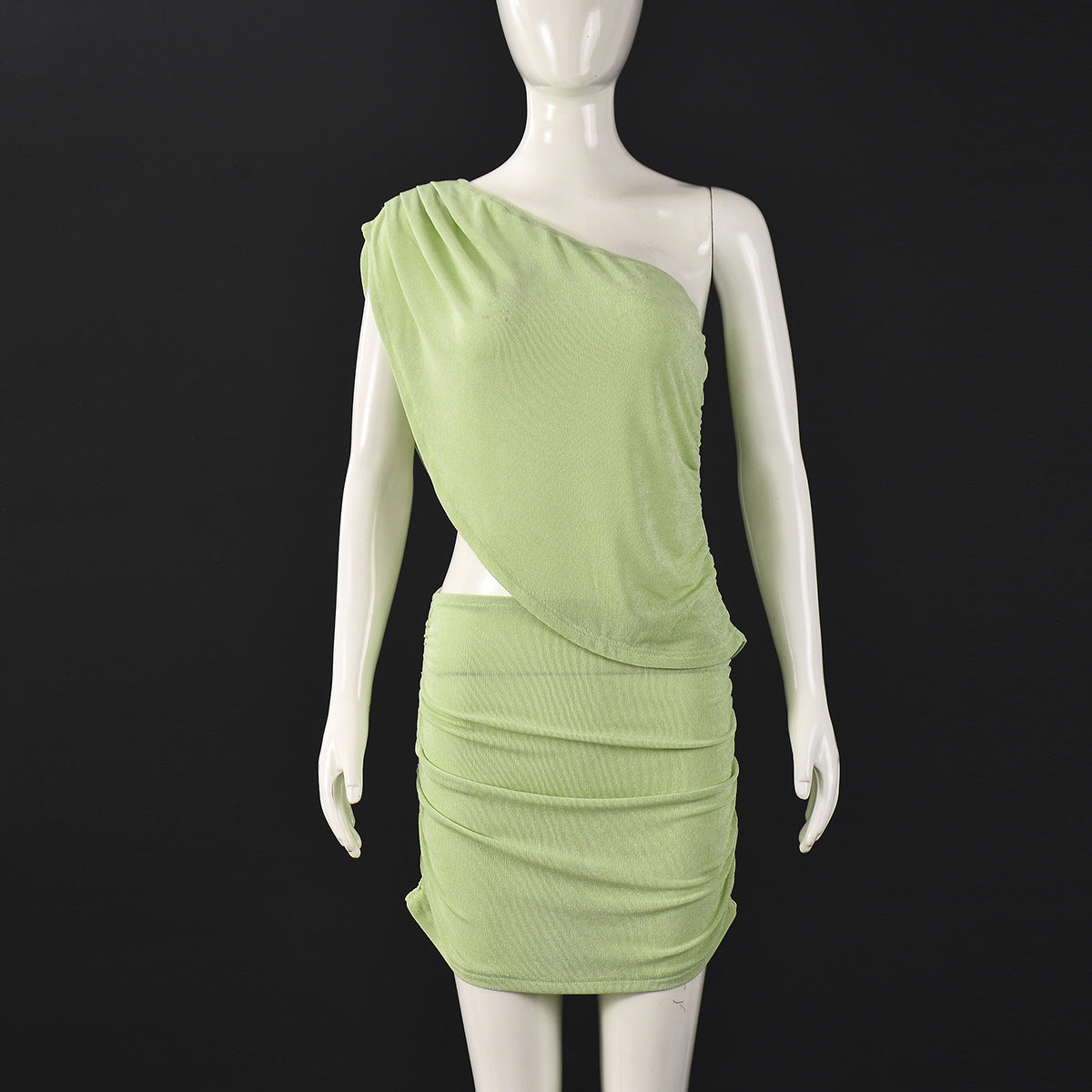 Women Clothing Hollow Out Cutout out Cropped One-Shoulder Diagonal Collar Top Pleated Stretch Short Skirt Two Piece Sets Bella Mia