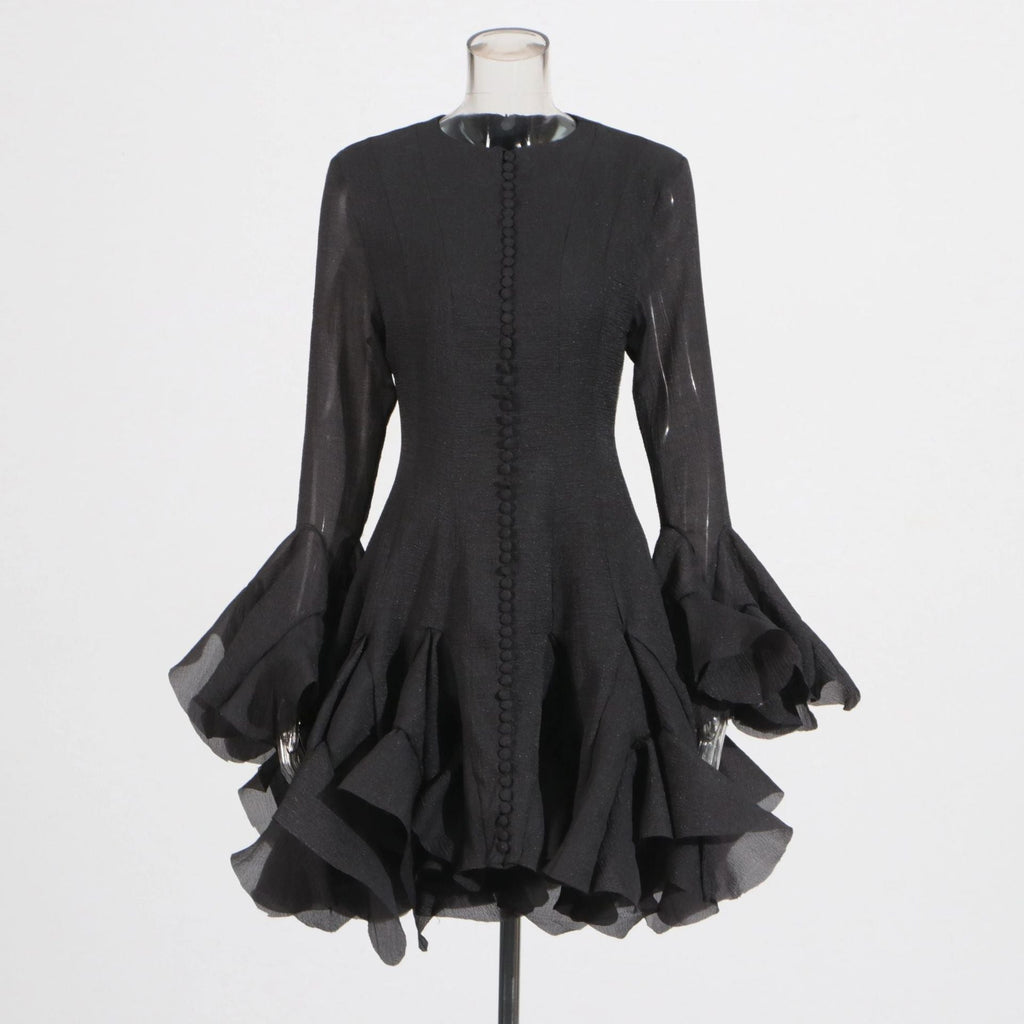 Spring Ruffles Design Waist Tight Slimming Flared Sleeves Dress Women Bella Mia