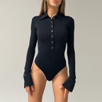 Trend Sexy Slim Long Sleeve Button Collared Bodysuit Autumn Winter Women Clothing Bella Mia