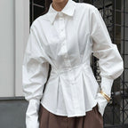 Court White Cotton Shirt Women Light Luxury Pleat Waisted Slim-Fit Long-Sleeved Collared Shirt Bella Mia
