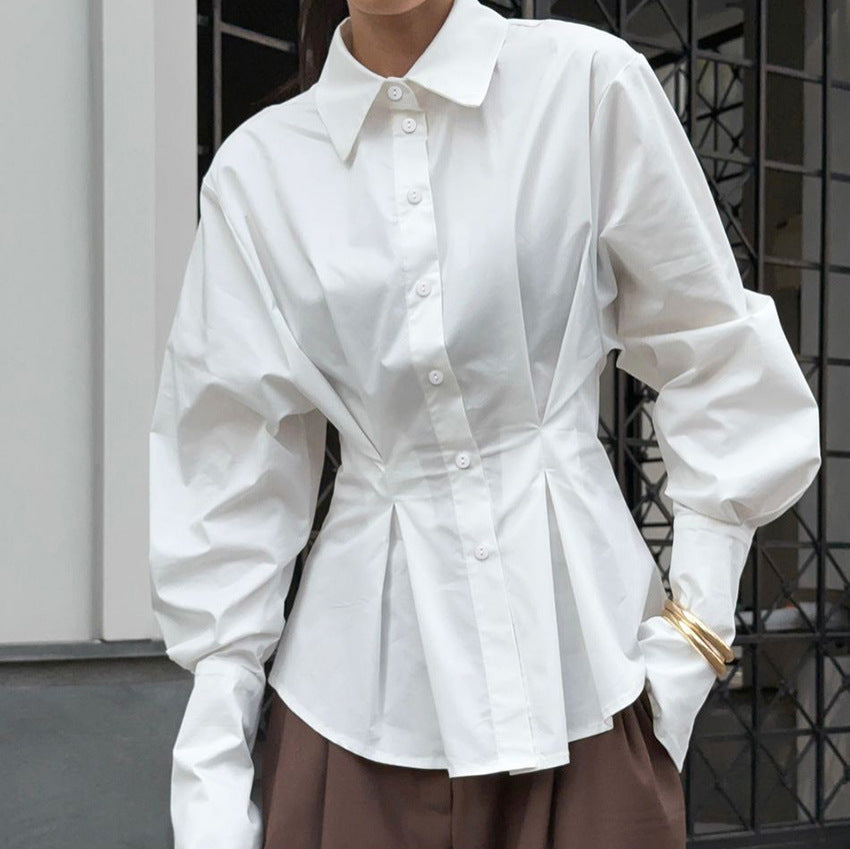 Court White Cotton Shirt Women Light Luxury Pleat Waisted Slim-Fit Long-Sleeved Collared Shirt Bella Mia