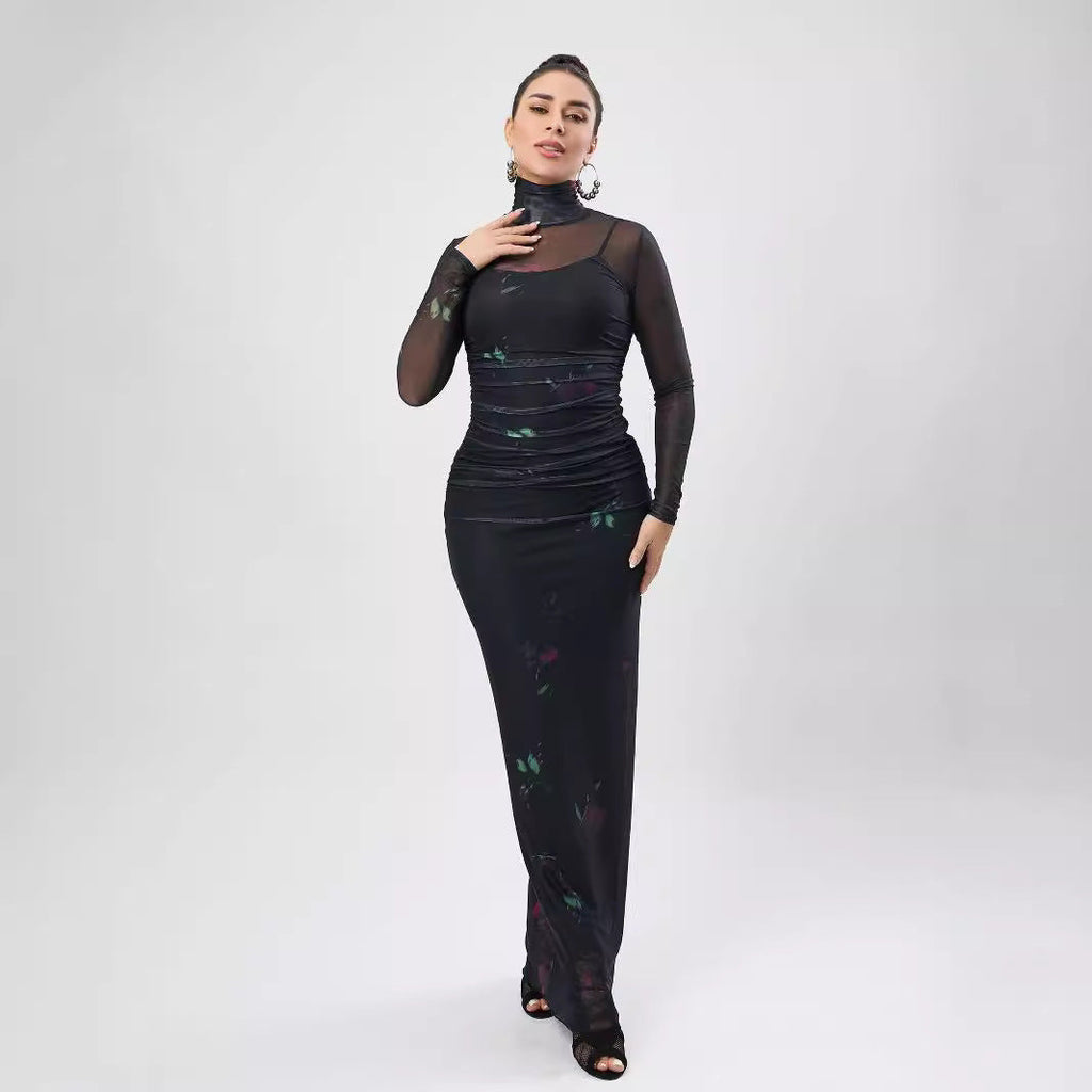 Autumn Printed Mesh See Through Dress Turtleneck Long Sleeve Spaghetti Strap Two Piece Maxi Dress Bella Mia
