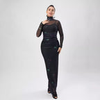 Autumn Printed Mesh See Through Dress Turtleneck Long Sleeve Spaghetti Strap Two Piece Maxi Dress Bella Mia