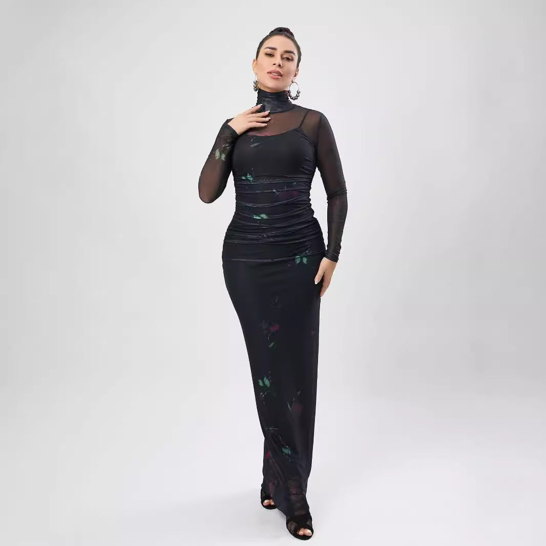 Autumn Printed Mesh See Through Dress Turtleneck Long Sleeve Spaghetti Strap Two Piece Maxi Dress Bella Mia
