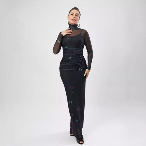 Autumn Printed Mesh See Through Dress Turtleneck Long Sleeve Spaghetti Strap Two Piece Maxi Dress Bella Mia