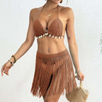 Women Pure Hand Crocheting Sets Women Clothing Shell Stitching Strap Tassel Dress Bikini Top Two Piece Set Bella Mia