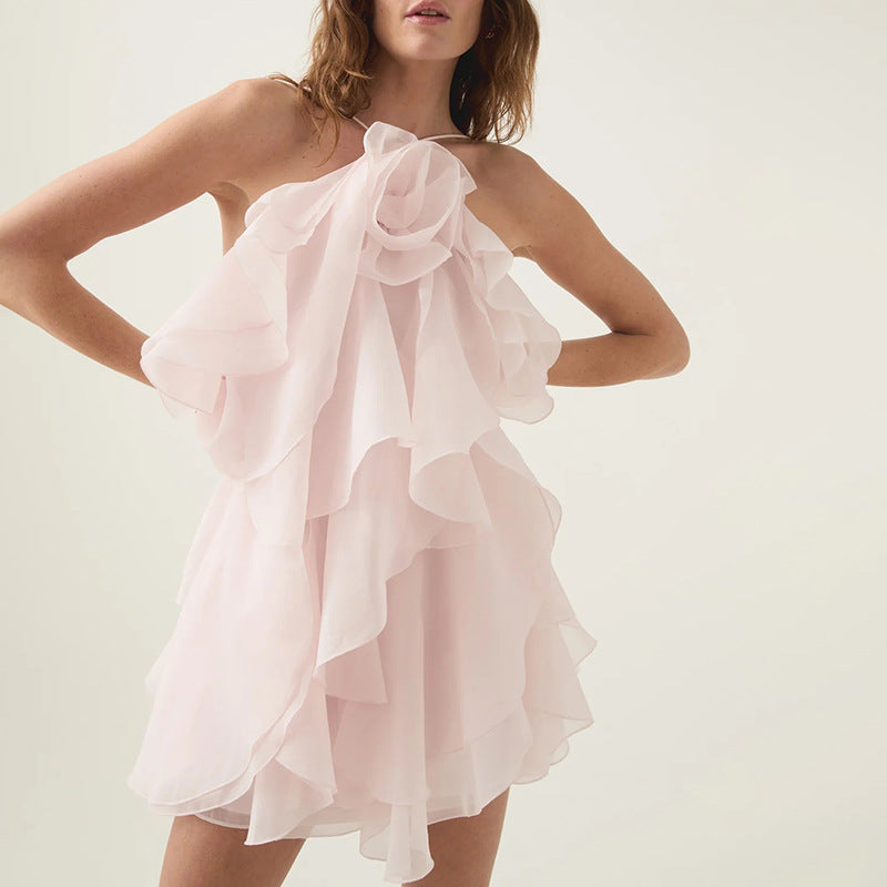 Elegant Sexy High Grade Short Dress Early Spring Halter Three Dimensional Floral Design Lace up Sleeveless Dress Bella Mia