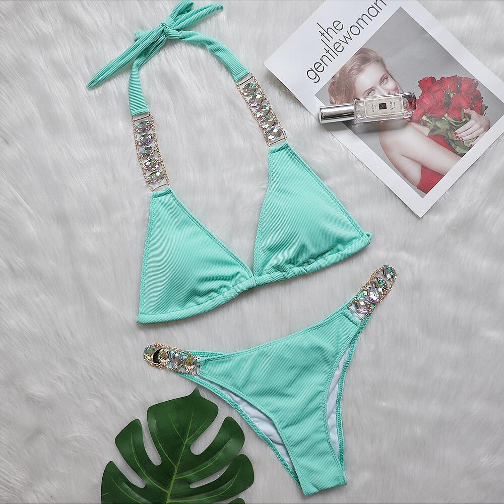 Bikini Plain Women Split Strap Luxury Diamond Swimsuit Sexy Metal Chain Accessories Swimwear Bella Mia