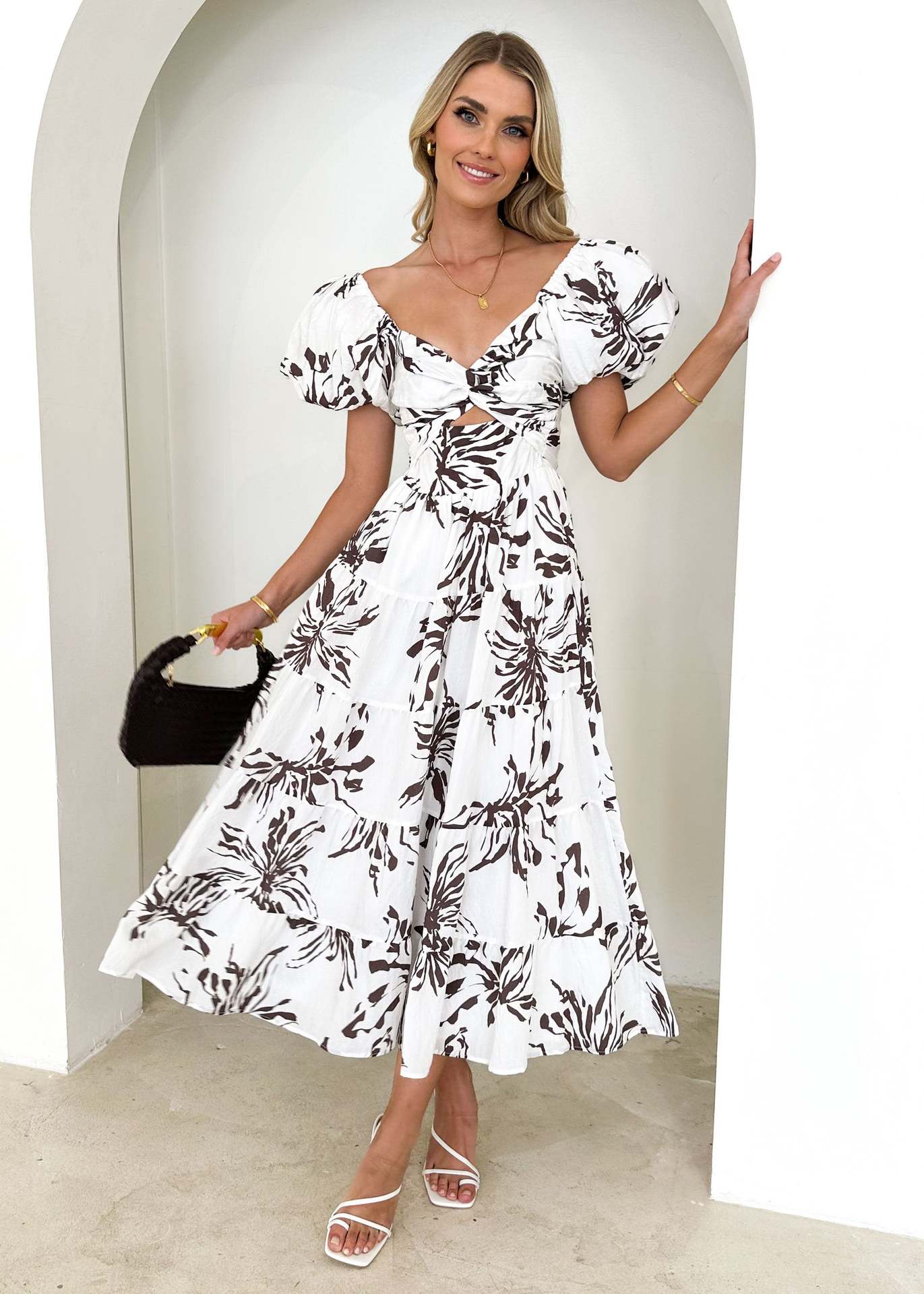 Spring Women Fashionable Elegant Puff Sleeve V neck Hollow Out Cutout out Printed Dress for Women Bella Mia